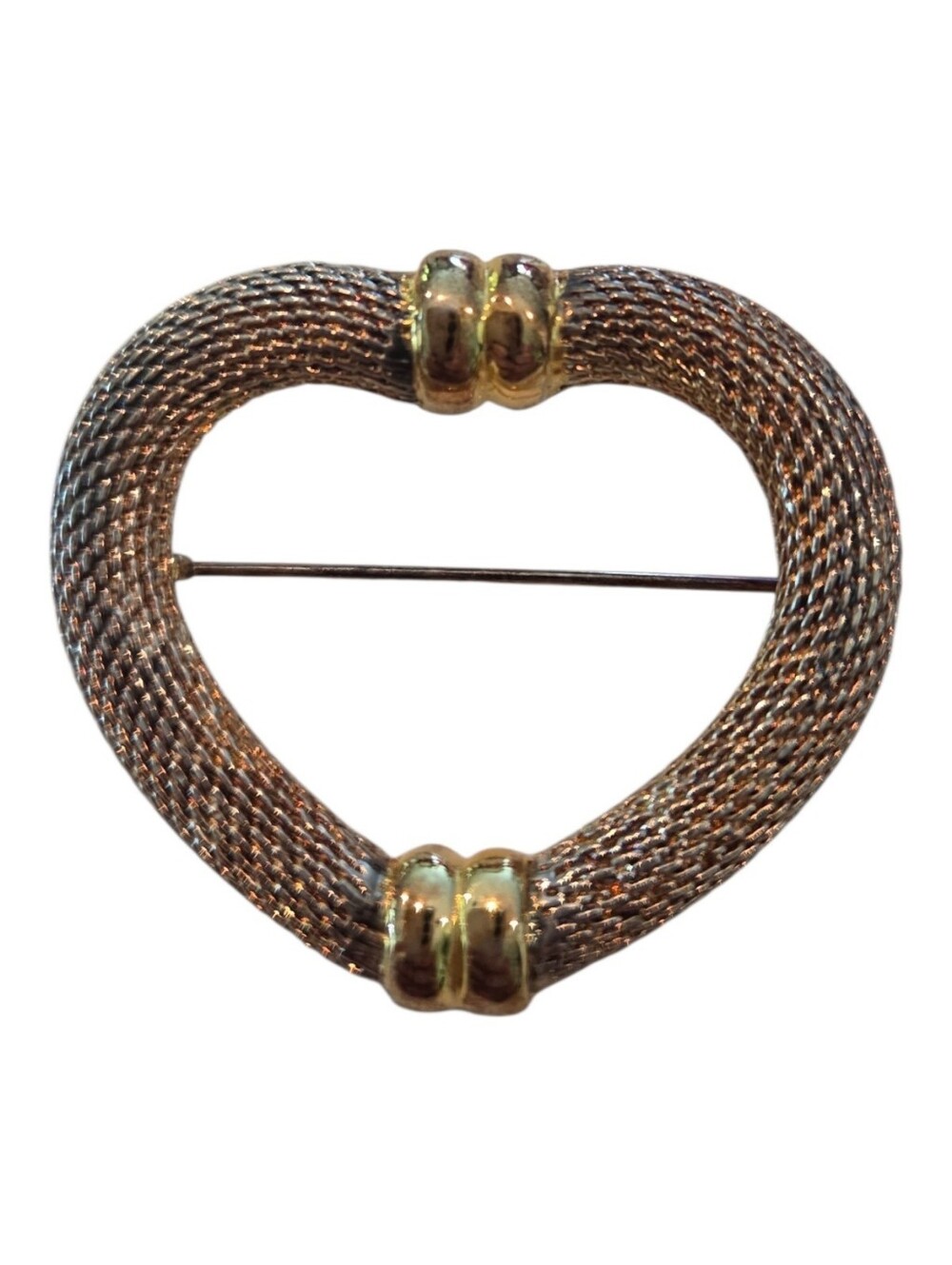 Vtg 80s Two Tone Silver Gold Mesh Heart Brooch Pin